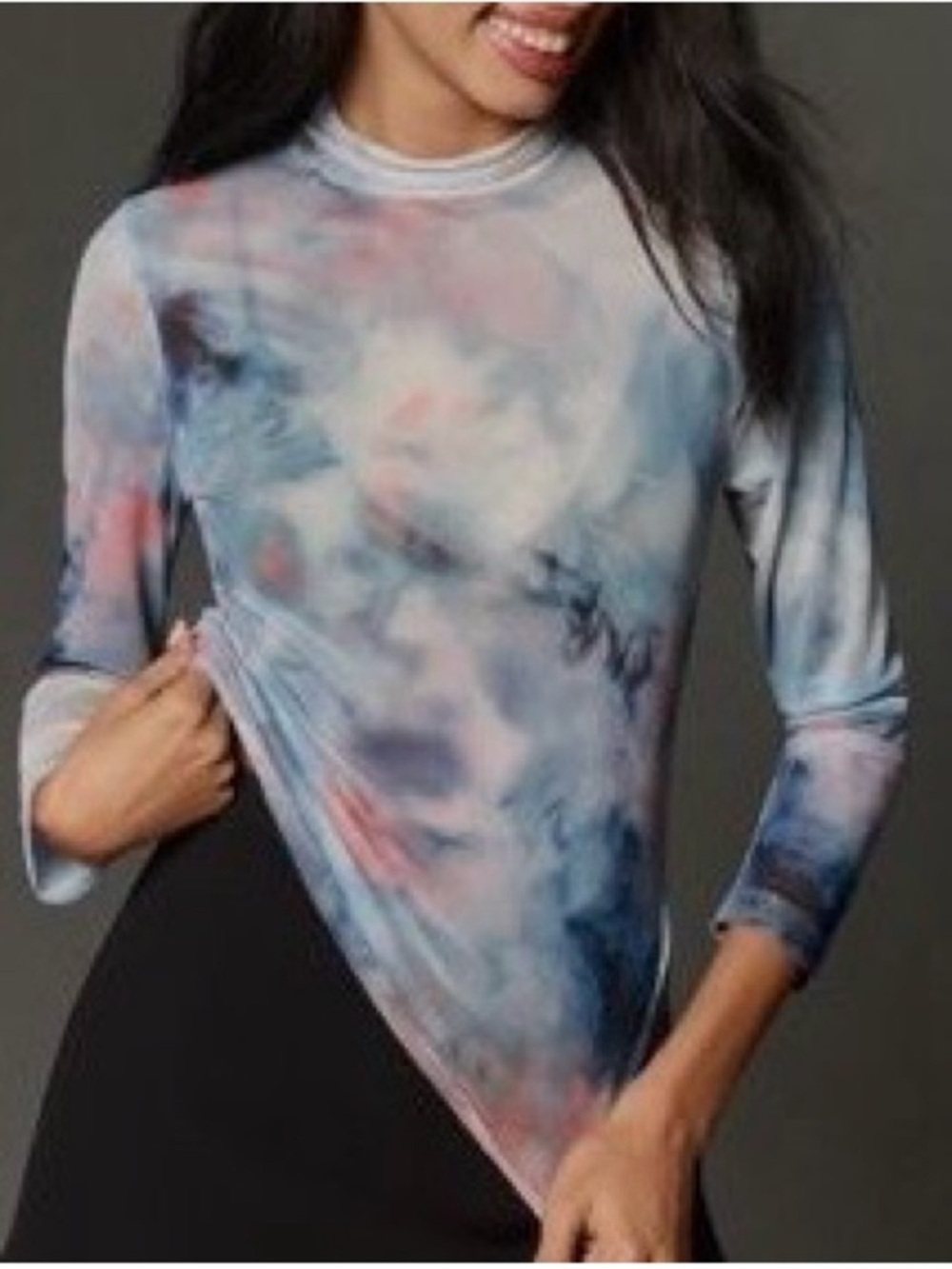 Sheer Mock Neck Long Sleeve Top in Blue-Pink Tie-Dye. NWT.